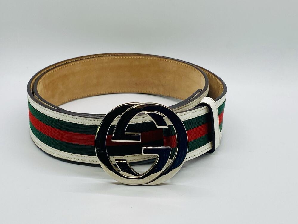 Gucci Belt White Green Red Stripe Interlocking GG Buckle Size 95cm 38 (Fits 36)